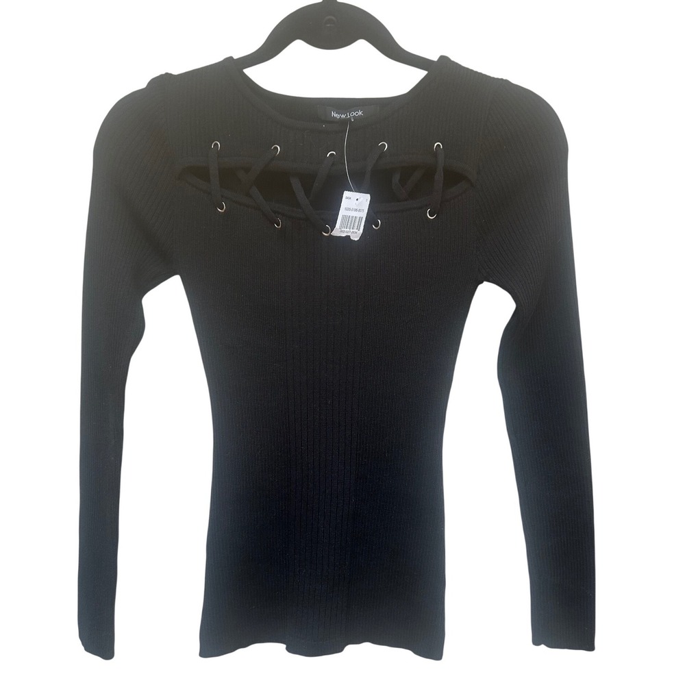 New‎ Look Womens Black Ribbed Knit Lace Up Cutout  Sweater Top Size M NWT